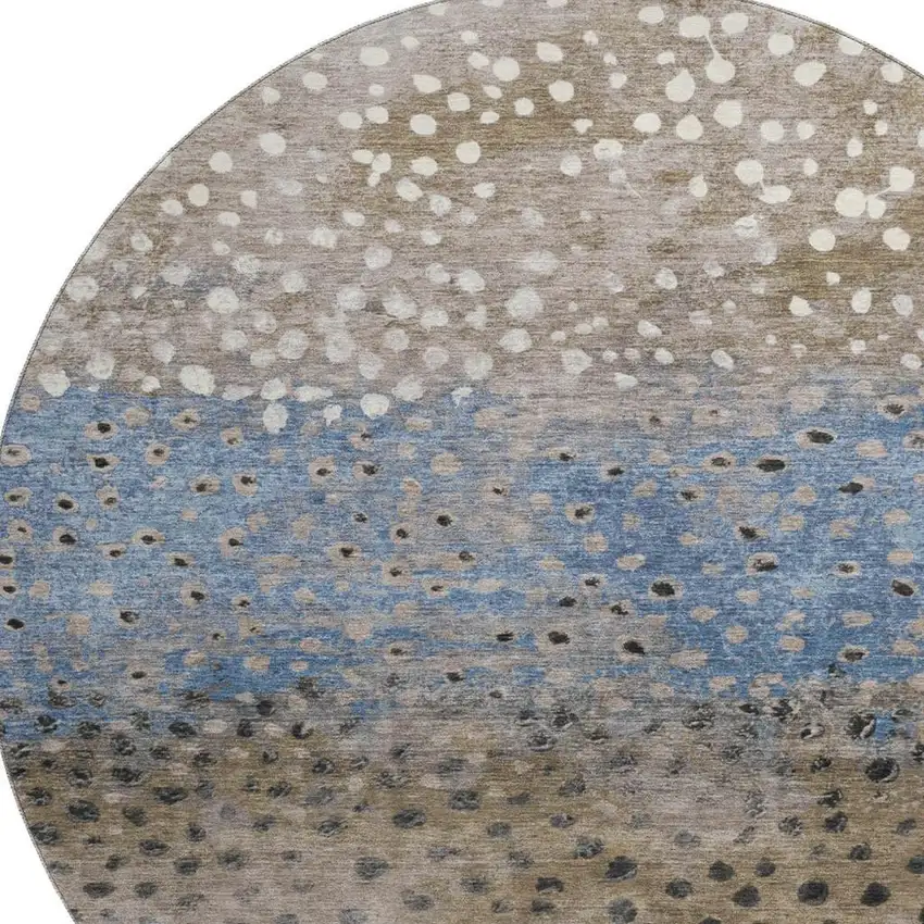 8' X 8' Khaki Blue And Ivory Polka Dot Washable Round Rug With UV Protection Photo 2