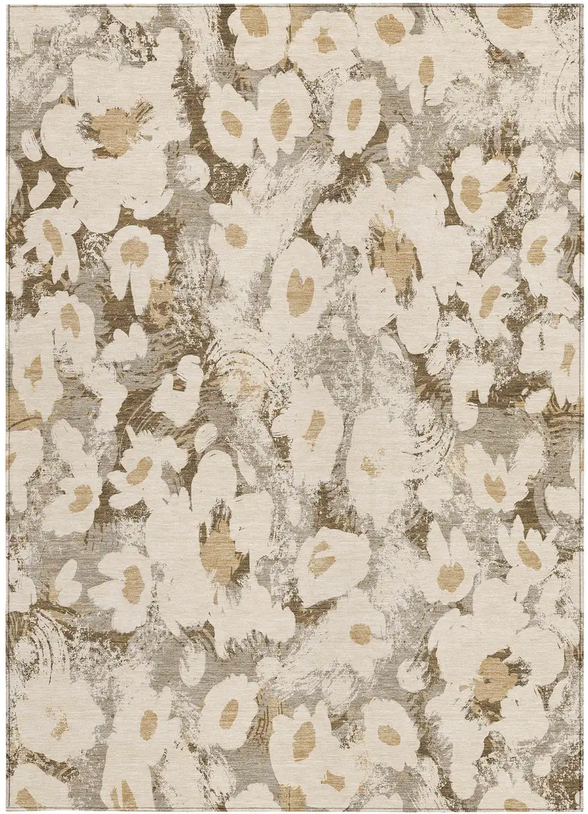 3' X 4' Khaki Floral Washable Non Skid Indoor Outdoor Area Rug Photo 5