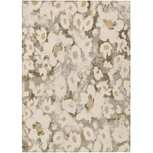Photo of 3' X 4' Khaki Floral Washable Non Skid Indoor Outdoor Area Rug