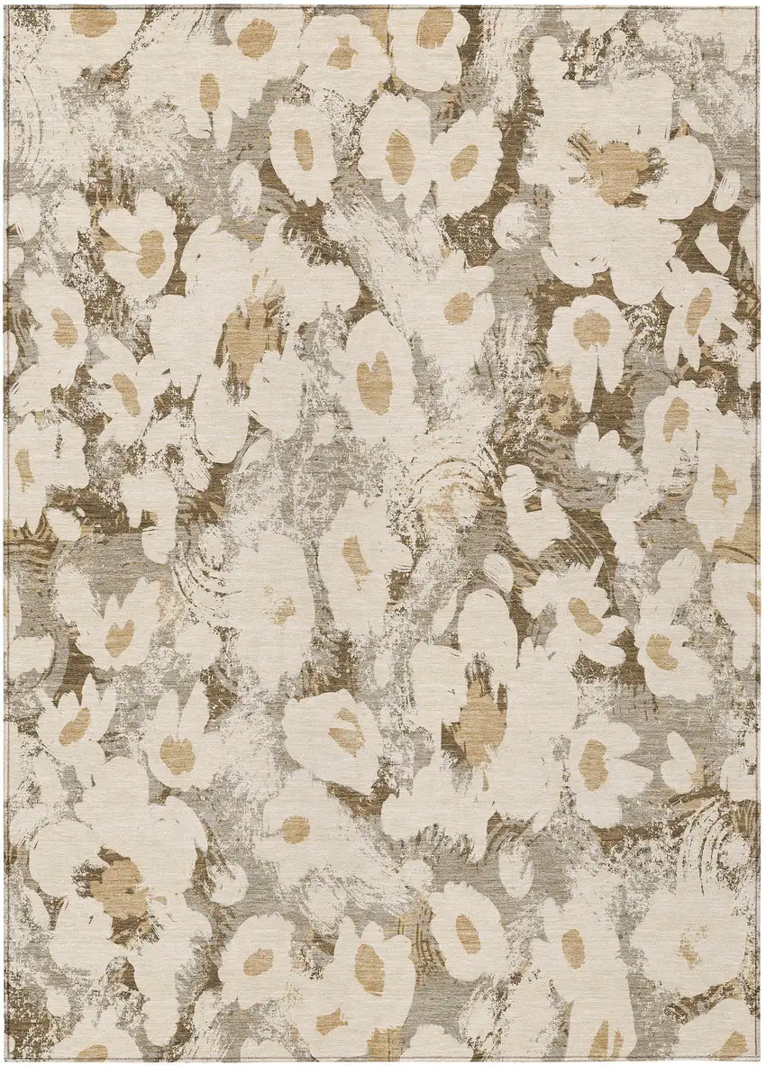 3' X 4' Khaki Floral Washable Non Skid Indoor Outdoor Area Rug Photo 2