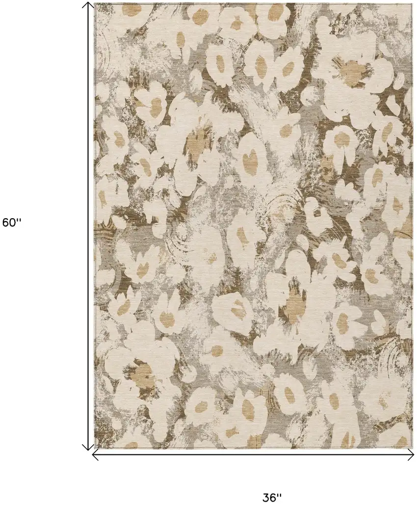 3' X 5' Khaki Floral Washable Non Skid Indoor Outdoor Area Rug Photo 3