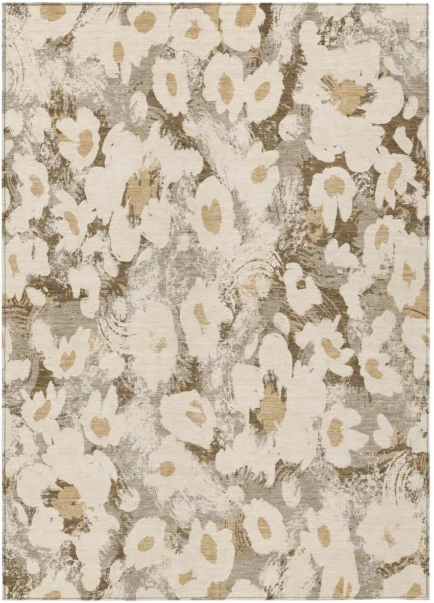3' X 5' Khaki Floral Washable Non Skid Indoor Outdoor Area Rug Photo 2