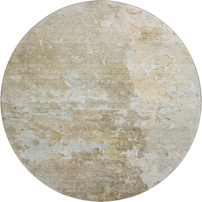 8' X 8' Khaki Gray And Gold Abstract Washable Round Rug With UV Protection Photo 1