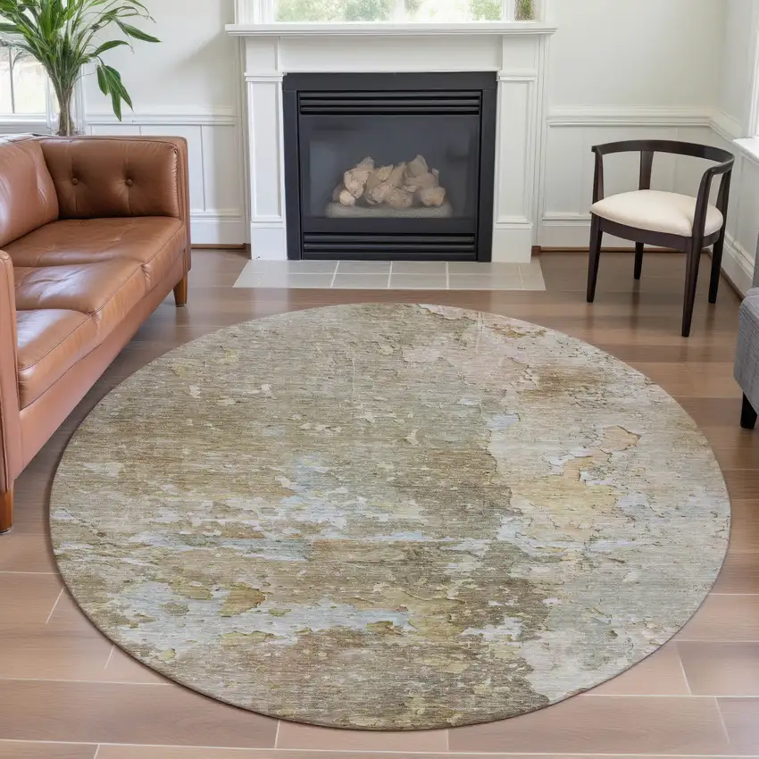 8' X 8' Khaki Gray And Gold Abstract Washable Round Rug With UV Protection Photo 4