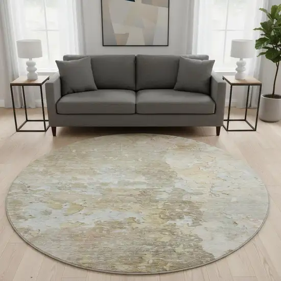 8' X 8' Khaki Gray And Gold Abstract Washable Round Rug With UV Protection Photo 2