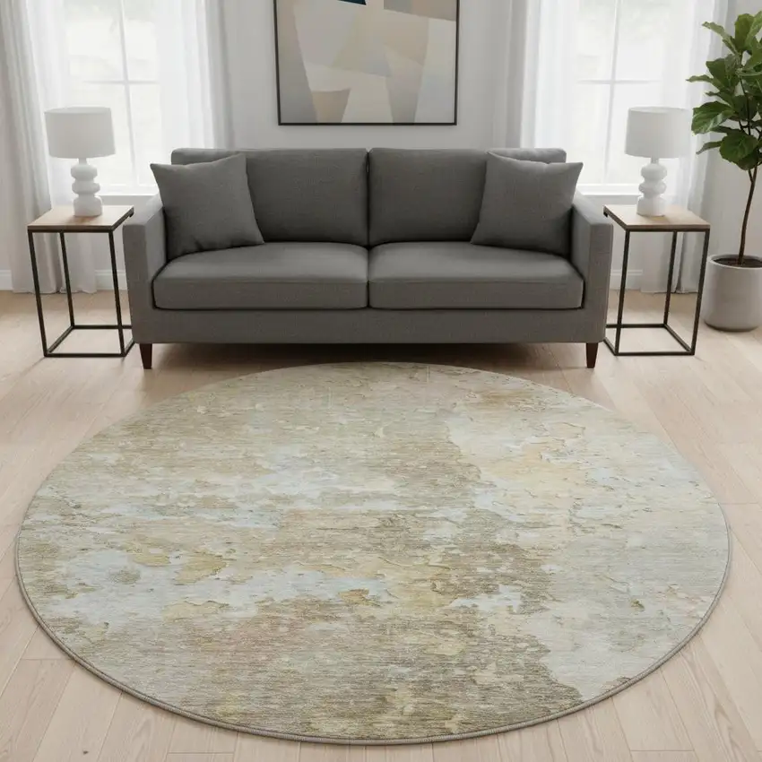 8' X 8' Khaki Gray And Gold Abstract Washable Round Rug With UV Protection Photo 2