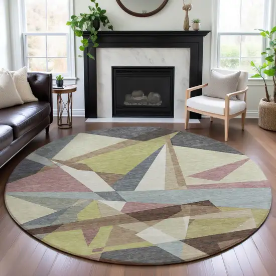 8' X 8' Khaki Gray And Mauve Geometric Washable Round Rug With UV Protection Photo 4