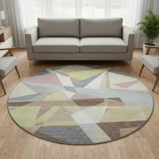 8' X 8' Khaki Gray And Mauve Geometric Washable Round Rug With UV Protection Photo 2