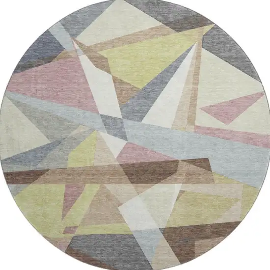 8' X 8' Khaki Gray And Mauve Geometric Washable Round Rug With UV Protection Photo 3