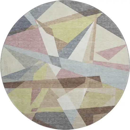 8' X 8' Khaki Gray And Mauve Geometric Washable Round Rug With UV Protection Photo 1