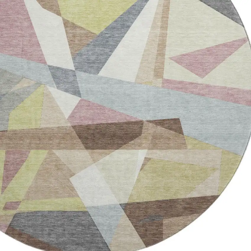 8' X 8' Khaki Gray And Mauve Geometric Washable Round Rug With UV Protection Photo 2