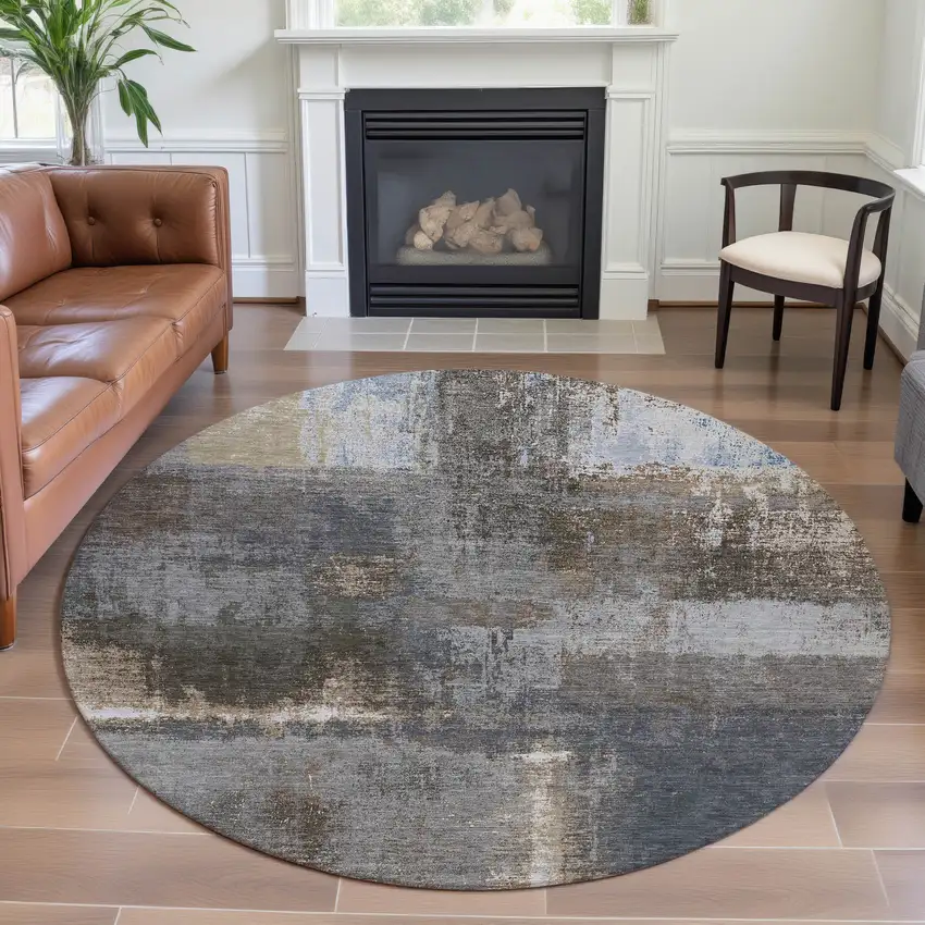 8' X 8' Khaki Silver And Blue Abstract Washable Round Rug With UV Protection Photo 4