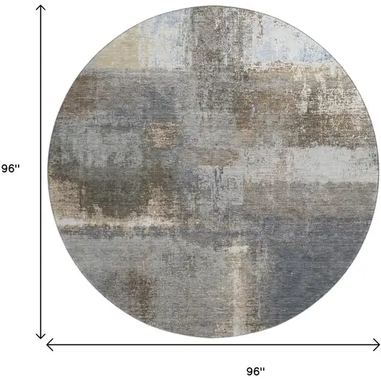 8' X 8' Khaki Silver And Blue Abstract Washable Round Rug With UV Protection Photo 9