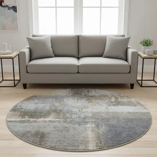 8' X 8' Khaki Silver And Blue Abstract Washable Round Rug With UV Protection Photo 2