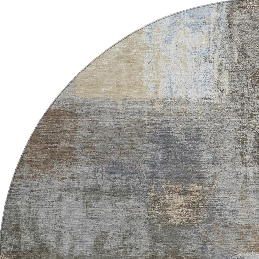 8' X 8' Khaki Silver And Blue Abstract Washable Round Rug With UV Protection Photo 2