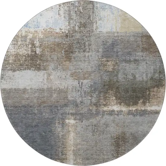 8' X 8' Khaki Silver And Blue Abstract Washable Round Rug With UV Protection Photo 3