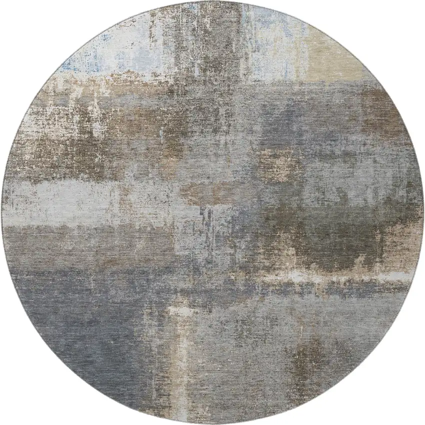 8' X 8' Khaki Silver And Blue Abstract Washable Round Rug With UV Protection Photo 3