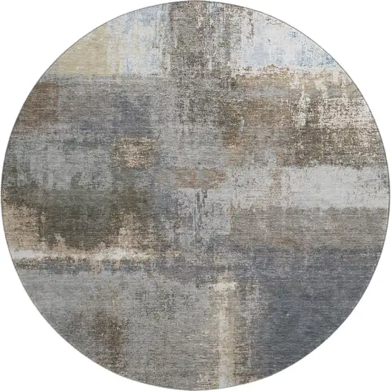8' X 8' Khaki Silver And Blue Abstract Washable Round Rug With UV Protection Photo 1