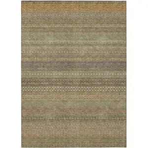 Photo of 3' X 5' Khaki Striped Washable Non Skid Indoor Outdoor Area Rug