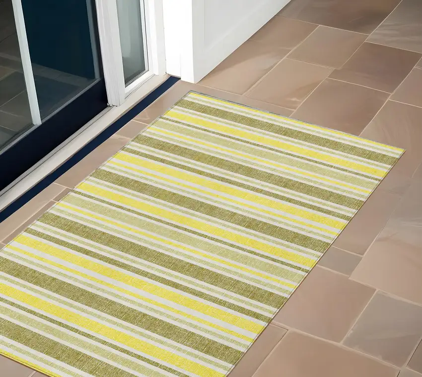 3' X 4' Khaki Striped Washable Non Skid Indoor Outdoor Area Rug Photo 1