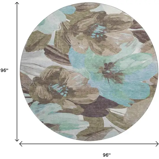 8' X 8' Khaki Teal And Green Floral Washable Round Rug With UV Protection Photo 9