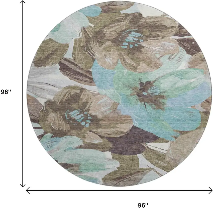 8' X 8' Khaki Teal And Green Floral Washable Round Rug With UV Protection Photo 9