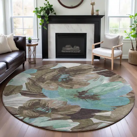 8' X 8' Khaki Teal And Green Floral Washable Round Rug With UV Protection Photo 4