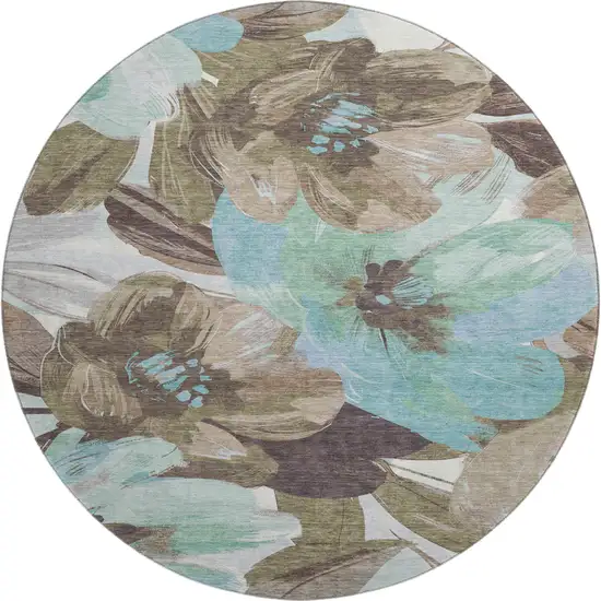 8' X 8' Khaki Teal And Green Floral Washable Round Rug With UV Protection Photo 1