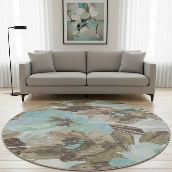 8' X 8' Khaki Teal And Green Floral Washable Round Rug With UV Protection Photo 2