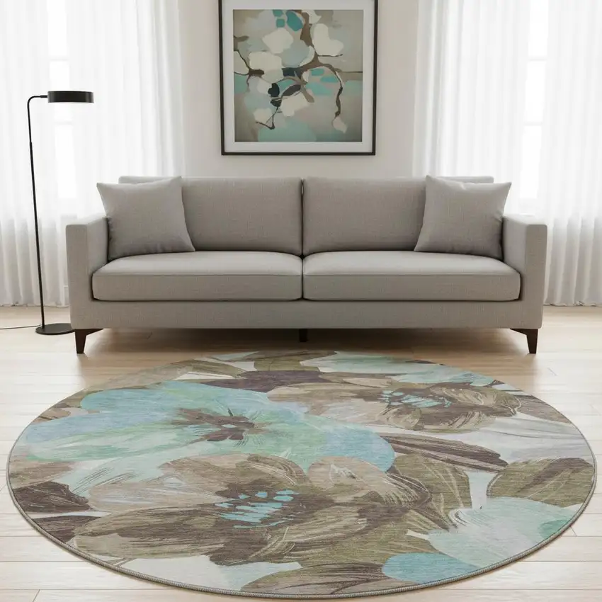 8' X 8' Khaki Teal And Green Floral Washable Round Rug With UV Protection Photo 2