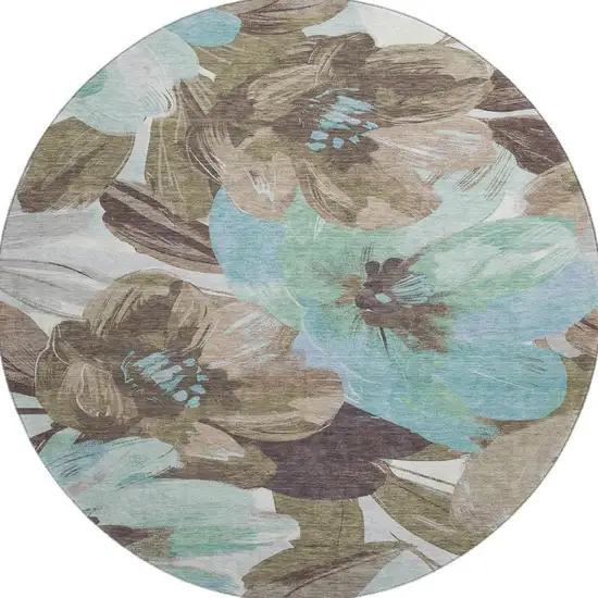 8' X 8' Khaki Teal And Green Floral Washable Round Rug With UV Protection Photo 3