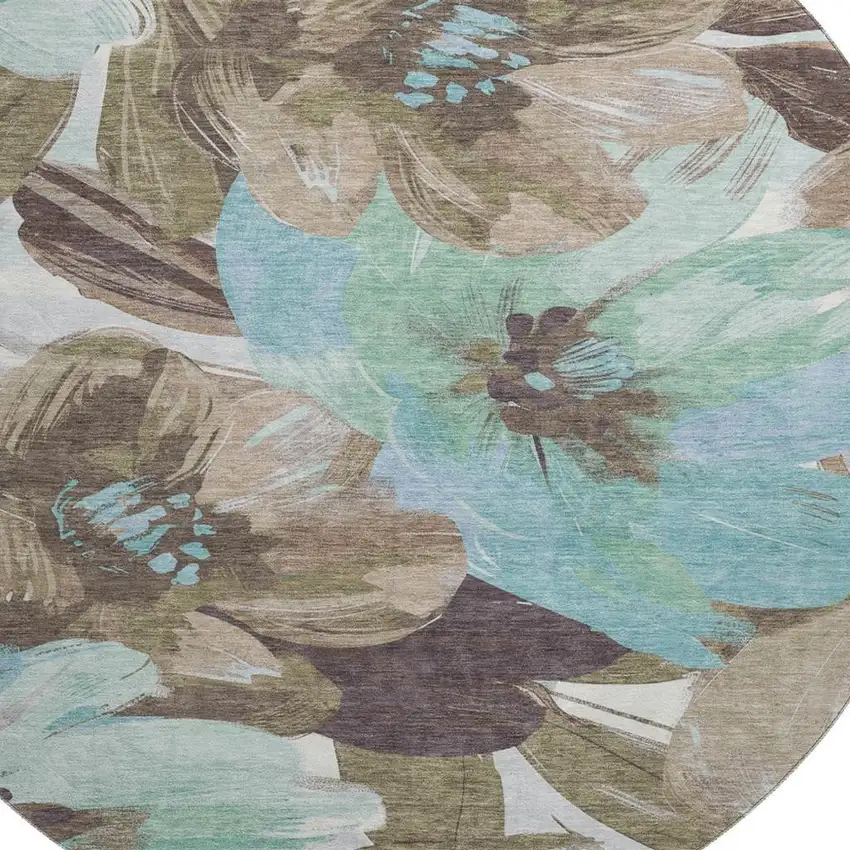 8' X 8' Khaki Teal And Green Floral Washable Round Rug With UV Protection Photo 2