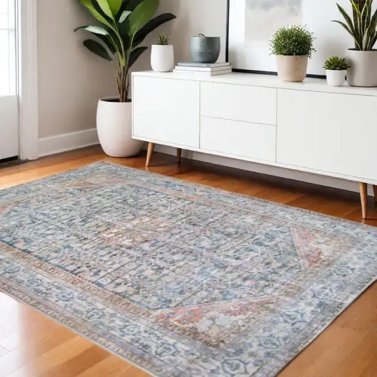 3' X 5' Latte And Blue Oriental Medallion Stain Resistant Area Rug Photo 1