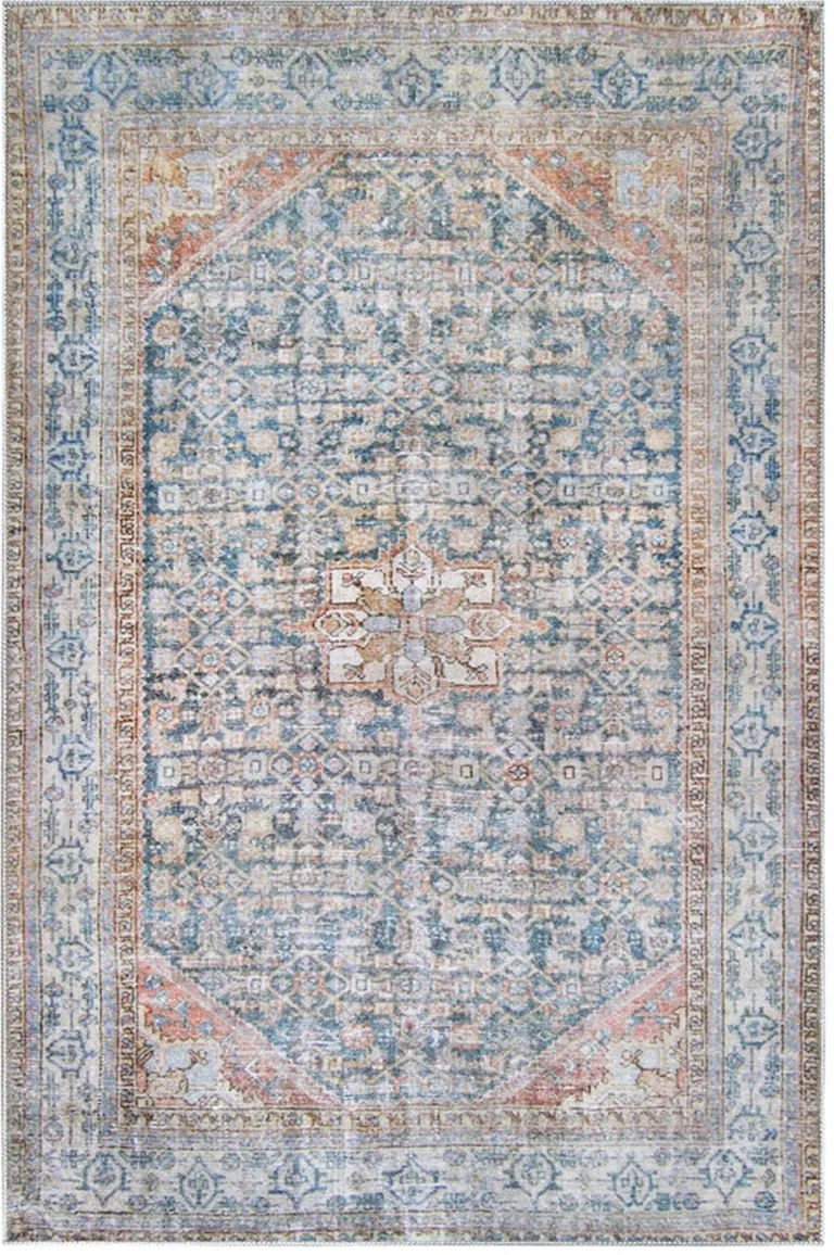 3' X 5' Latte And Blue Oriental Medallion Stain Resistant Area Rug Photo 1