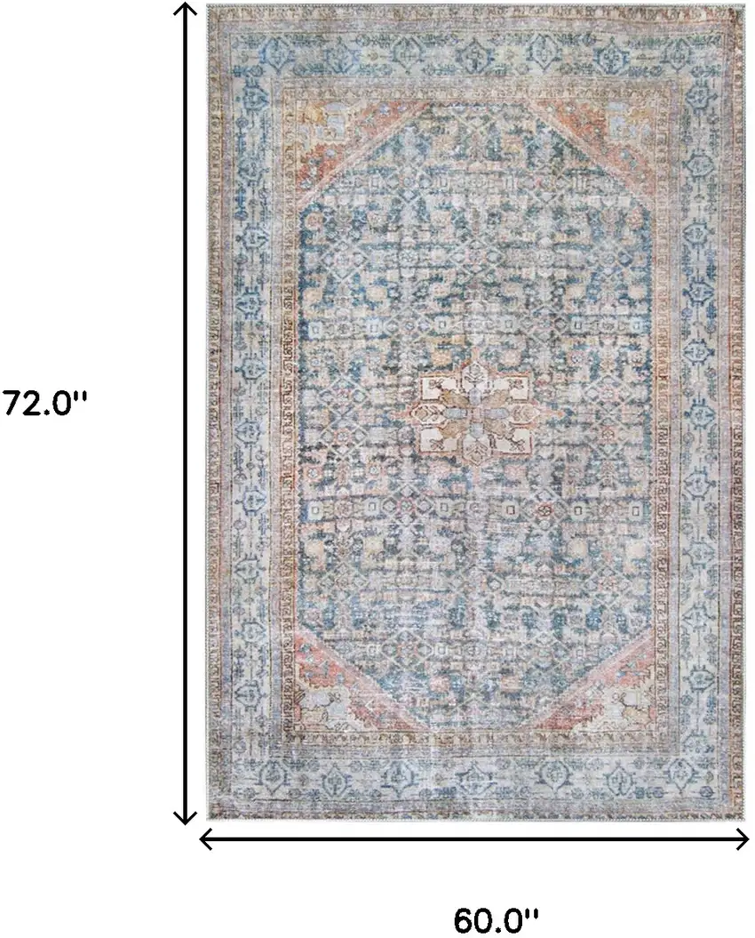 5' X 7' Latte and Blue Oriental Medallion Stain Resistant Area Rug Photo 7