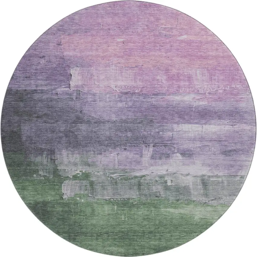 8' X 8' Lavender And Green Abstract Washable Round Rug With UV Protection Photo 1