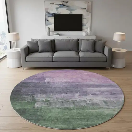 8' X 8' Lavender And Green Abstract Washable Round Rug With UV Protection Photo 2