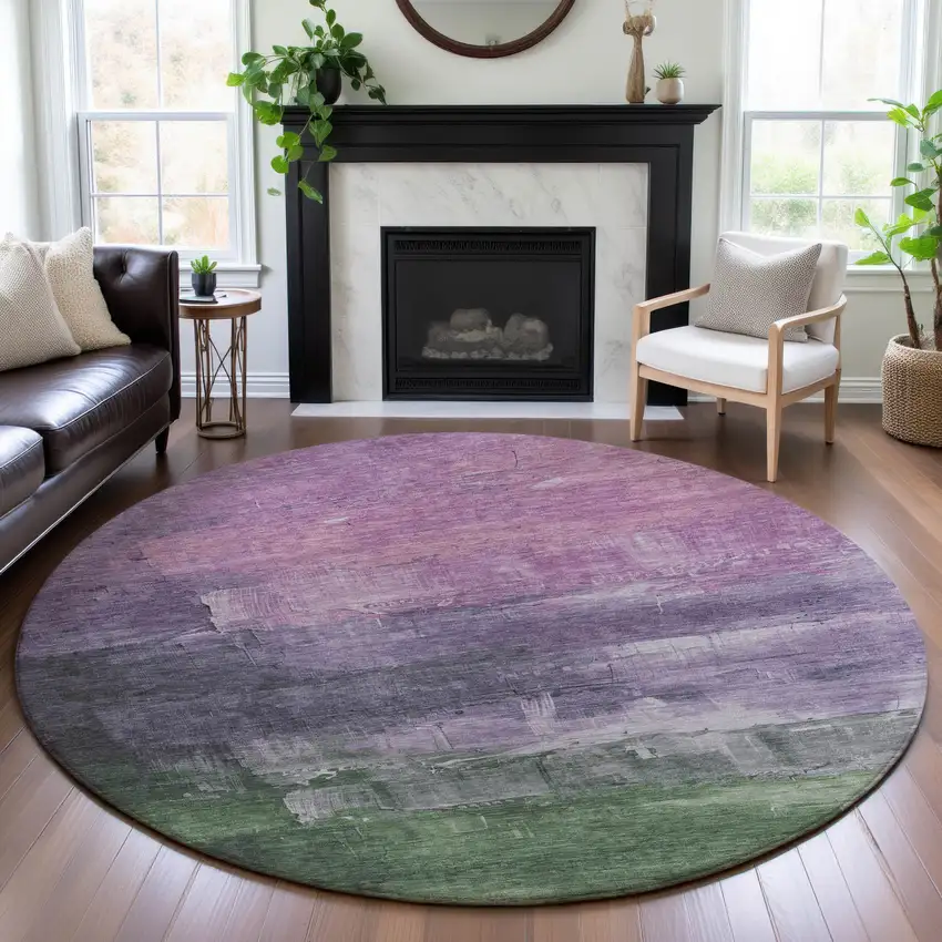8' X 8' Lavender And Green Abstract Washable Round Rug With UV Protection Photo 3