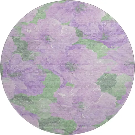 8' X 8' Lavender And Green Floral Washable Round Rug With UV Protection Photo 1
