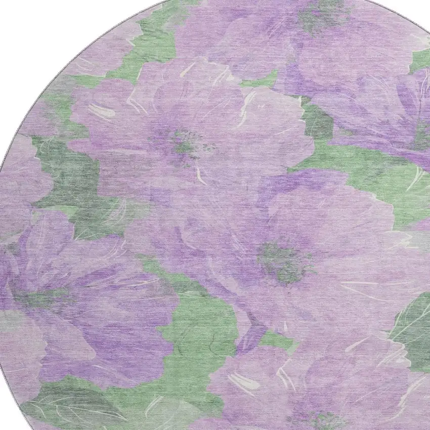 8' X 8' Lavender And Green Floral Washable Round Rug With UV Protection Photo 2
