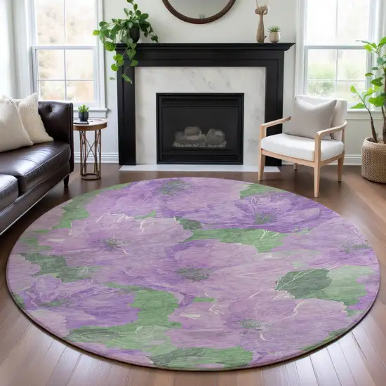 8' X 8' Lavender And Green Floral Washable Round Rug With UV Protection Photo 4