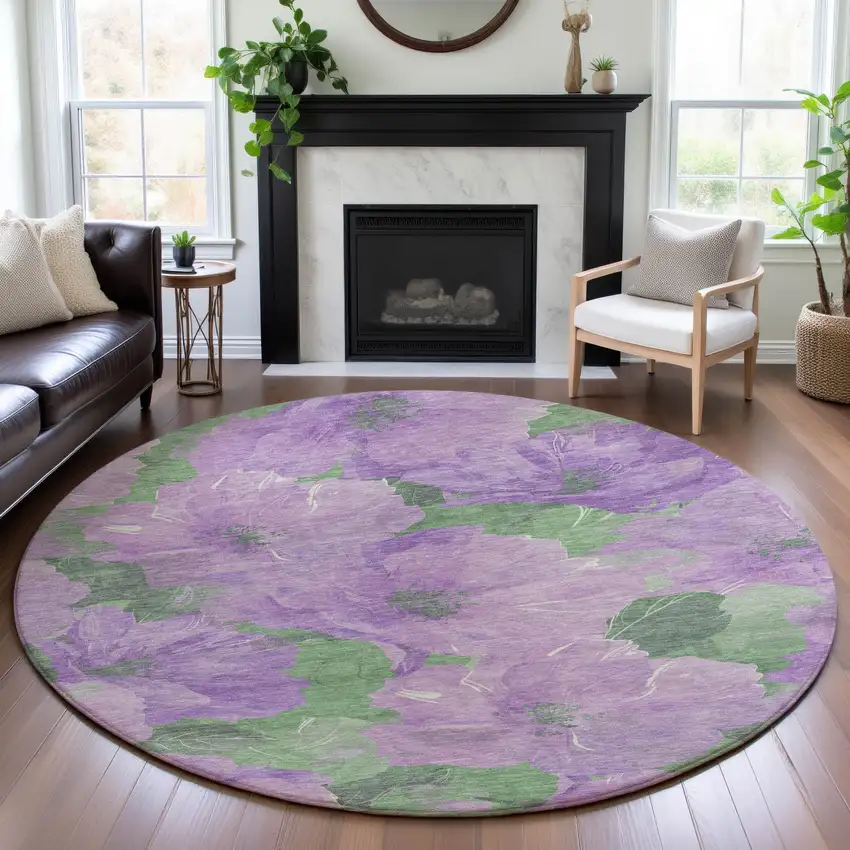8' X 8' Lavender And Green Floral Washable Round Rug With UV Protection Photo 4