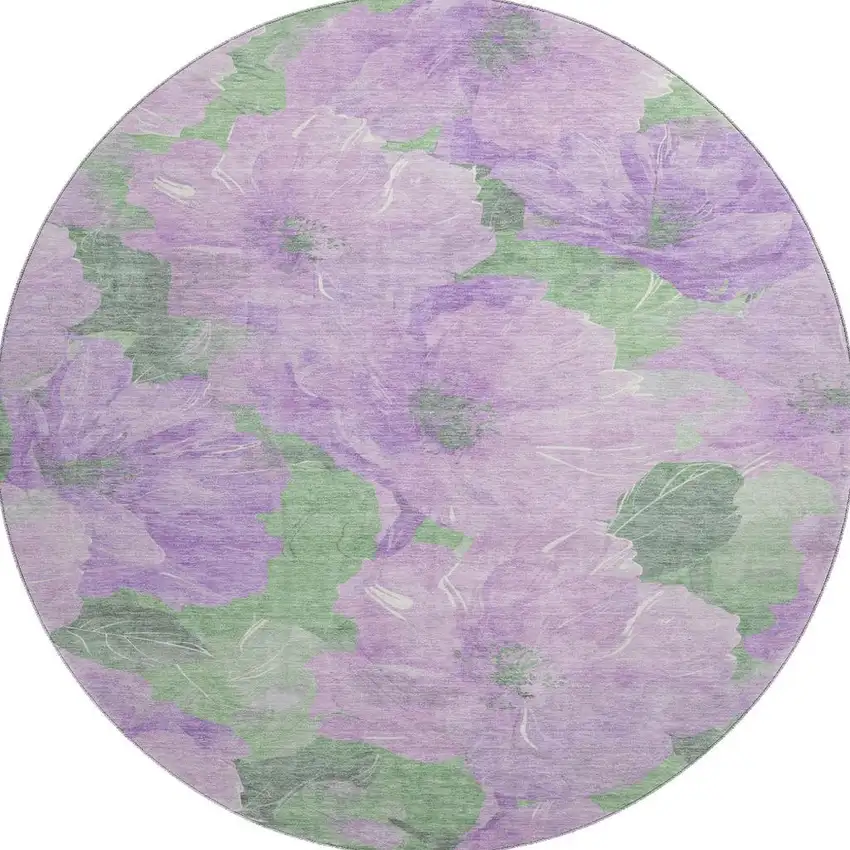 8' X 8' Lavender And Green Floral Washable Round Rug With UV Protection Photo 3
