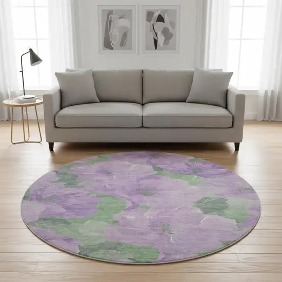 8' X 8' Lavender And Green Floral Washable Round Rug With UV Protection Photo 2
