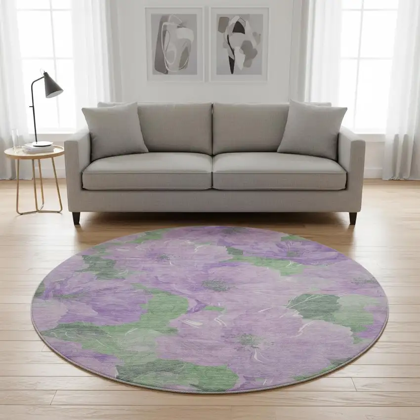 8' X 8' Lavender And Green Floral Washable Round Rug With UV Protection Photo 2