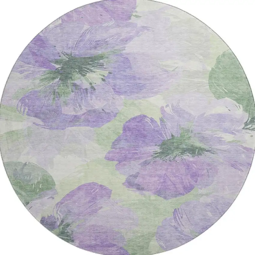 8' X 8' Lavender And Green Floral Washable Round Rug With UV Protection Photo 3