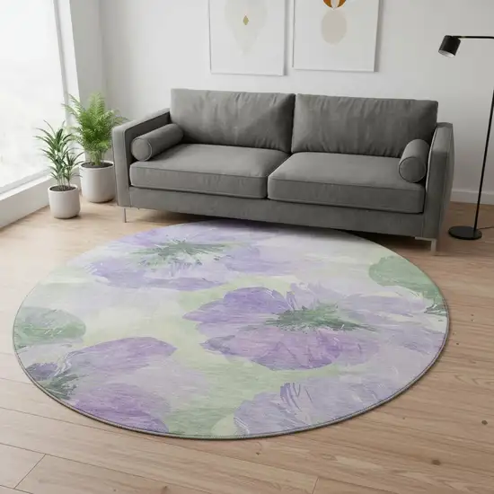 8' X 8' Lavender And Green Floral Washable Round Rug With UV Protection Photo 2