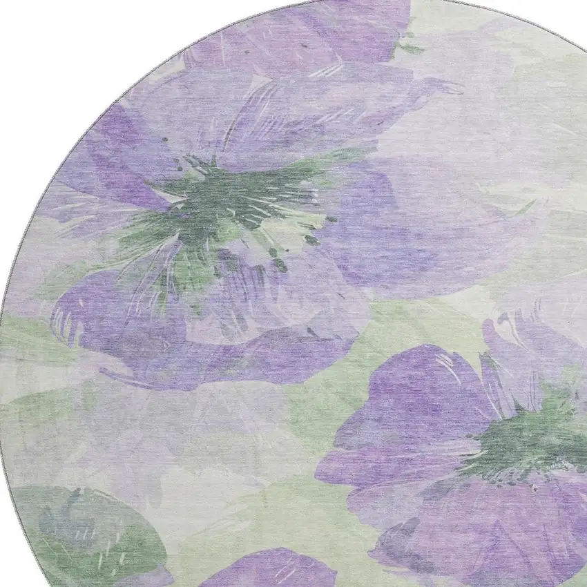 8' X 8' Lavender And Green Floral Washable Round Rug With UV Protection Photo 2