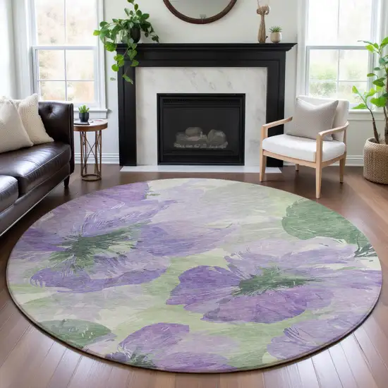 8' X 8' Lavender And Green Floral Washable Round Rug With UV Protection Photo 4