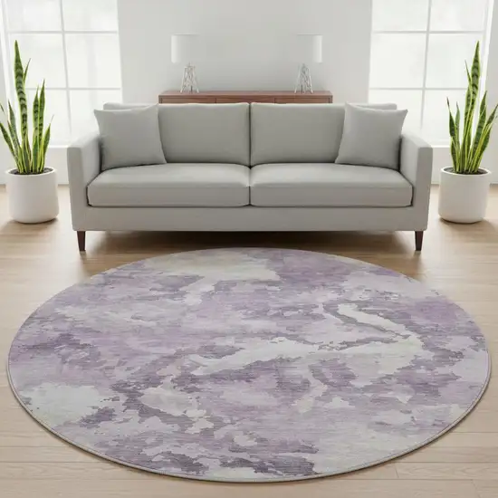 8' X 8' Lavender And Ivory Abstract Washable Round Rug With UV Protection Photo 2
